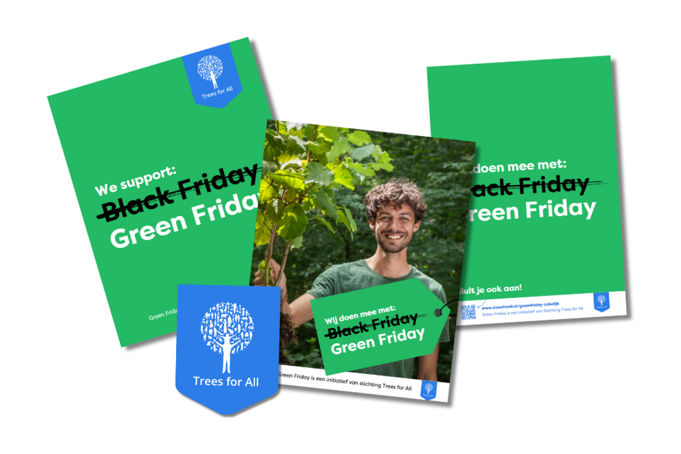Zakelijke toolkit voor Green Friday met een social post en poster, voorzien van het Trees for All-logo en het Green Friday statement.